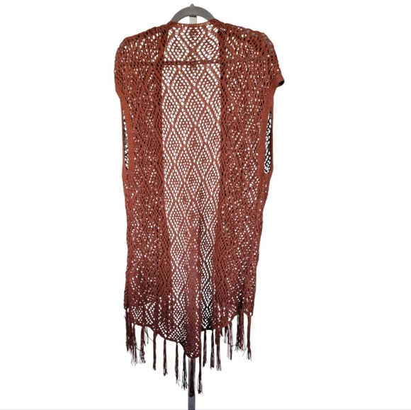 Maurices S Fringe Crochet Knit Duster Boho Gypsy Cardigan Vest Rust Orange - Picture 2 of 10